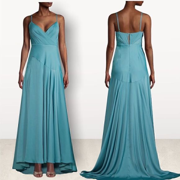 Fame‎ & Partners Teal Sleeveless Spaghetti Strap Satin Gown - Picture 6 of 8